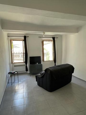 un salon avec un canapé noir et une télévision dans l'établissement Joli appartement au coeur du village, à Lorgues