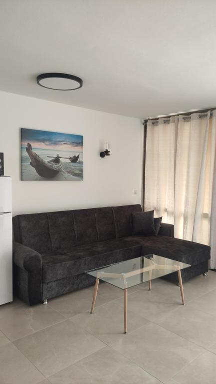- un salon avec un canapé et une table en verre dans l'établissement Yona balev, à Eilat