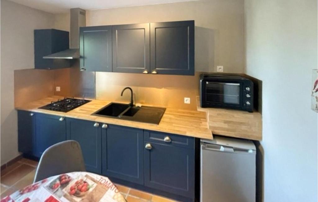 a kitchen with blue cabinets and a sink and a microwave at Amazing Home In Mazan With Wifi in Mazan