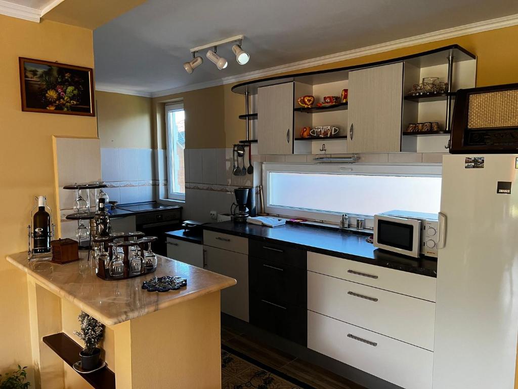 a kitchen with a white refrigerator and a microwave at Pensiunea Colt de Rai, Vistisoara in Stațiunea Climaterică Sâmbăta