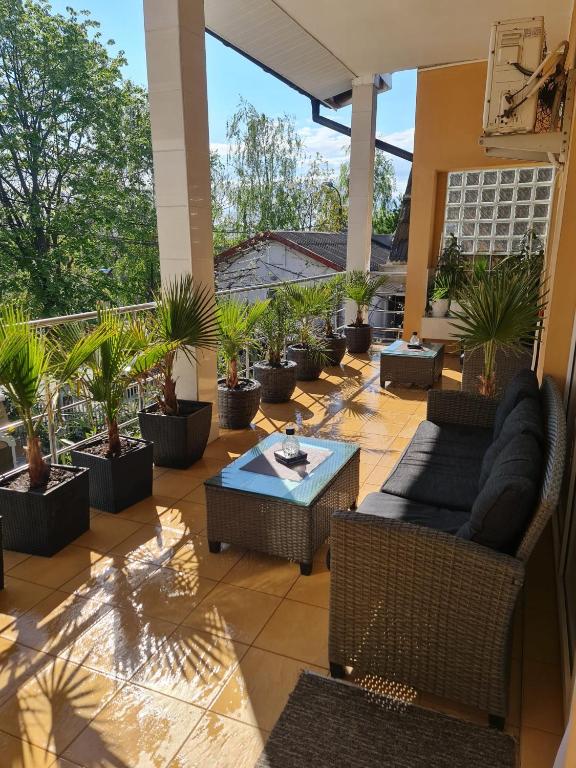 a patio with chairs and a table and potted plants at Casa Day&Amy in Eforie Sud