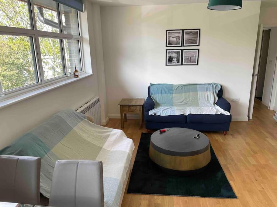 - un salon avec un canapé et une table basse dans l'établissement 2 Bed city centre flat, à Bath