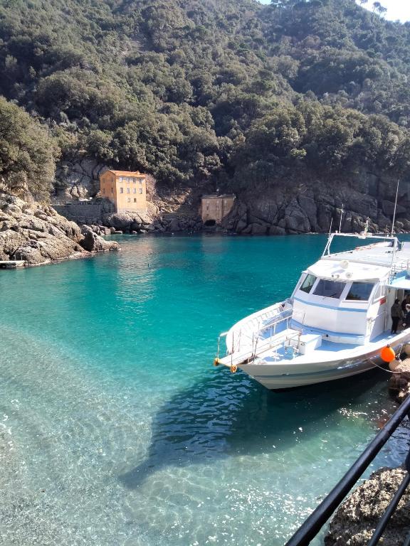 a boat docked in a body of water at Casa dell'Arco Civico 35 in San Fruttuoso