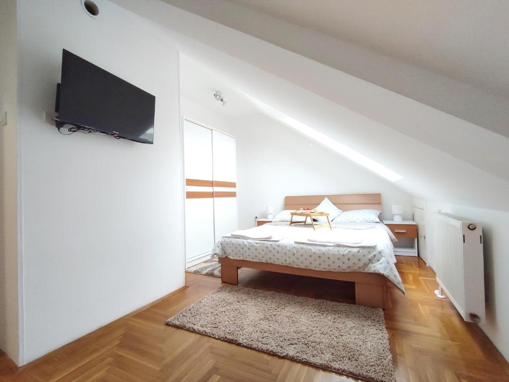 a bedroom with a bed and a flat screen tv at Apartman NS Dan FREE PARKING in Novi Sad