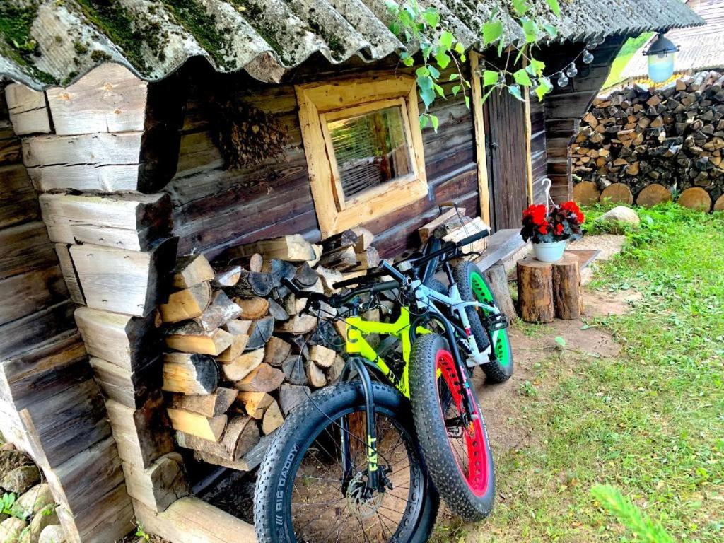 two bikes are parked outside of a log cabin at Karula Stay Sauna House in Karula National Park in Ähijärve
