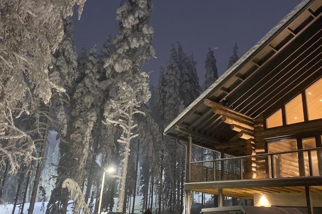 un edificio con árboles nevados en el fondo en Levi Ski IN Ski OUT Premium VillaWestWind B en Levi