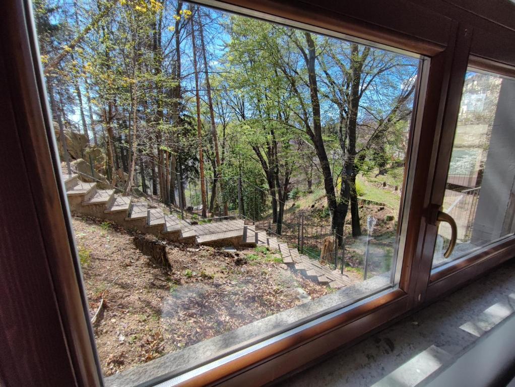 a window with a view of a forest with benches at Yellow house 2 in Cuasso Al Monte
