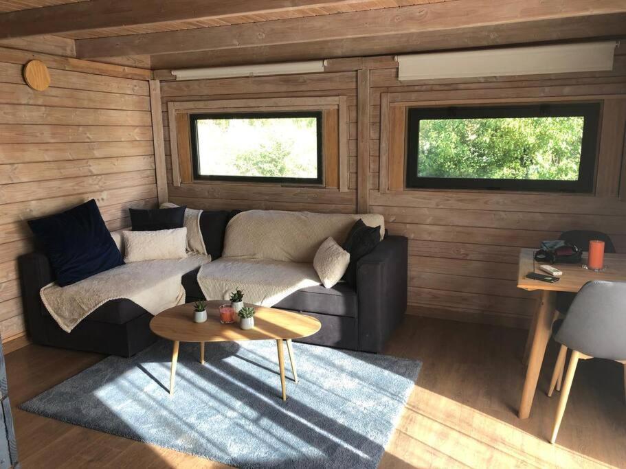 - un salon avec un canapé et une table dans l'établissement Chalet bois cosy avec piscine Aix nature, à Aix-en-Provence