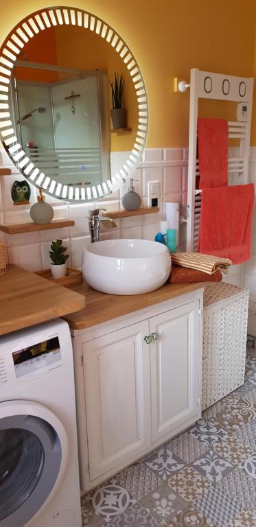 uma casa de banho com um lavatório e uma máquina de lavar roupa em La Note Verte Pause en ville em Foix