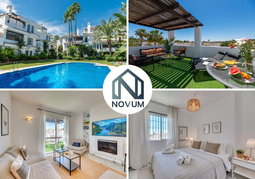 un collage de fotos de un dormitorio y una villa en Spacious Penthouse in Los Naranjos - Up to 6 GUESTS!, en Marbella