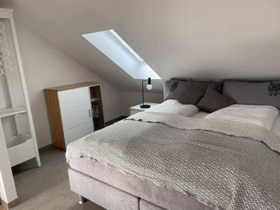 a bedroom with a large bed and a skylight at Zeit zum Wohlfühlen FeWo Hofmark 