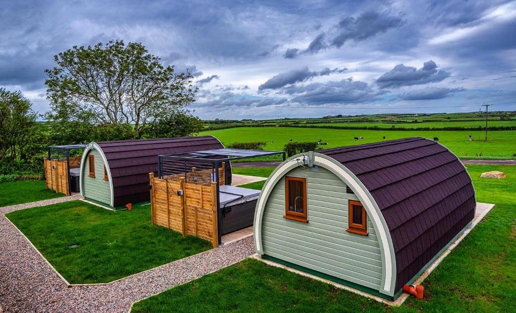 a group of three dome homes in a field at Causeway Country Pods in Bushmills