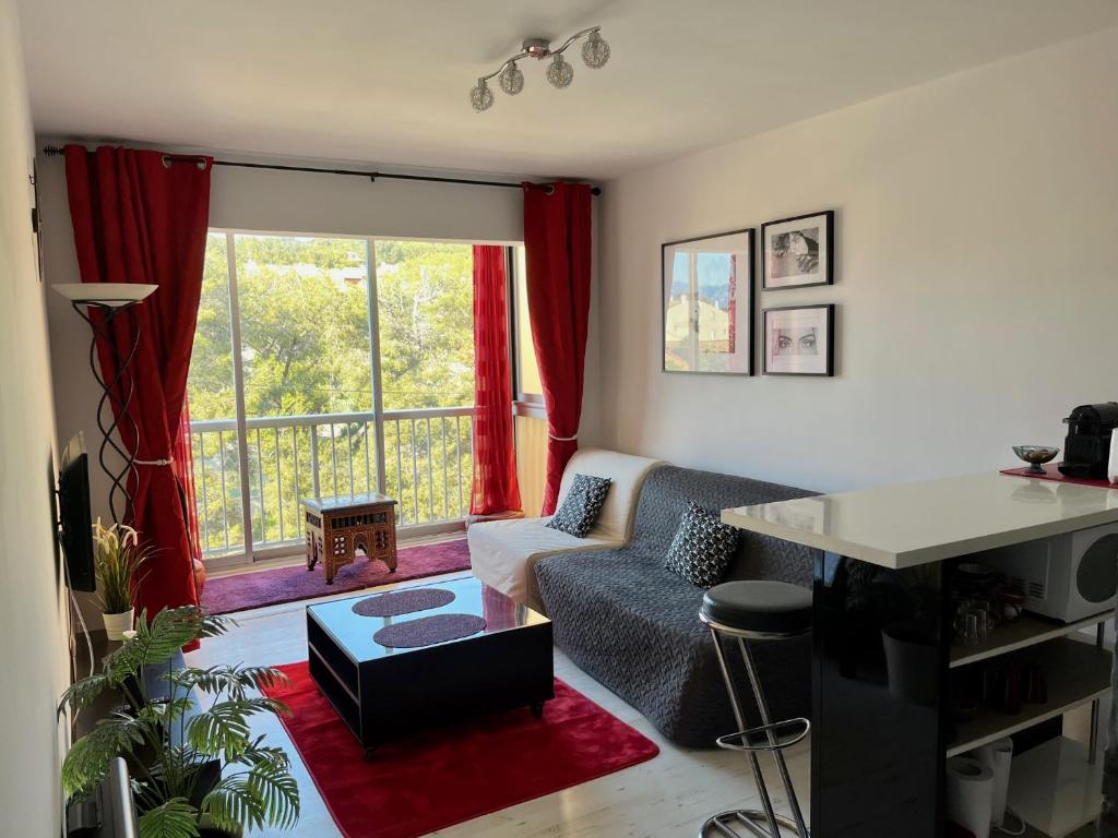 un salon avec un canapé et une grande fenêtre dans l'établissement Appartement résidence LA FREGATE - Pin Roland, à Saint-Mandrier-sur-Mer