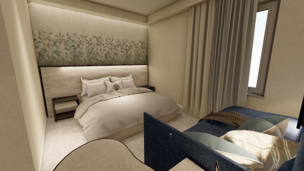 Hotel Paradiso في كوماكيو: ترتيب غرفة نوم بسرير ونافذة