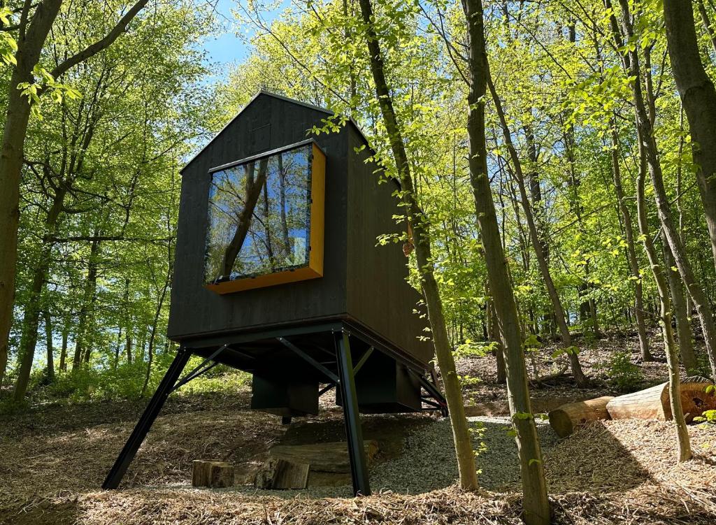 una casita de árbol negra en el bosque en Posed na stráni en Kníničky