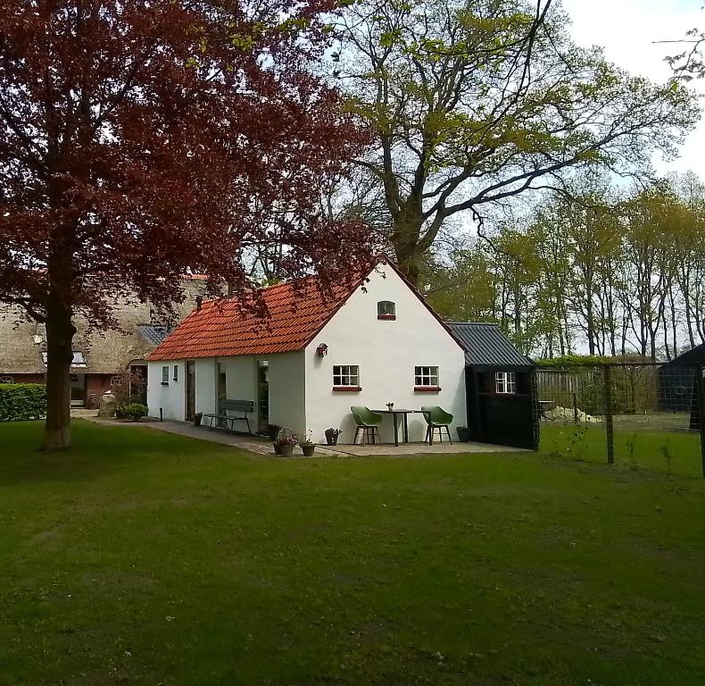 uma casa branca com uma mesa de piquenique num quintal em vakantiewoning 't Bakhuus em Bergentheim