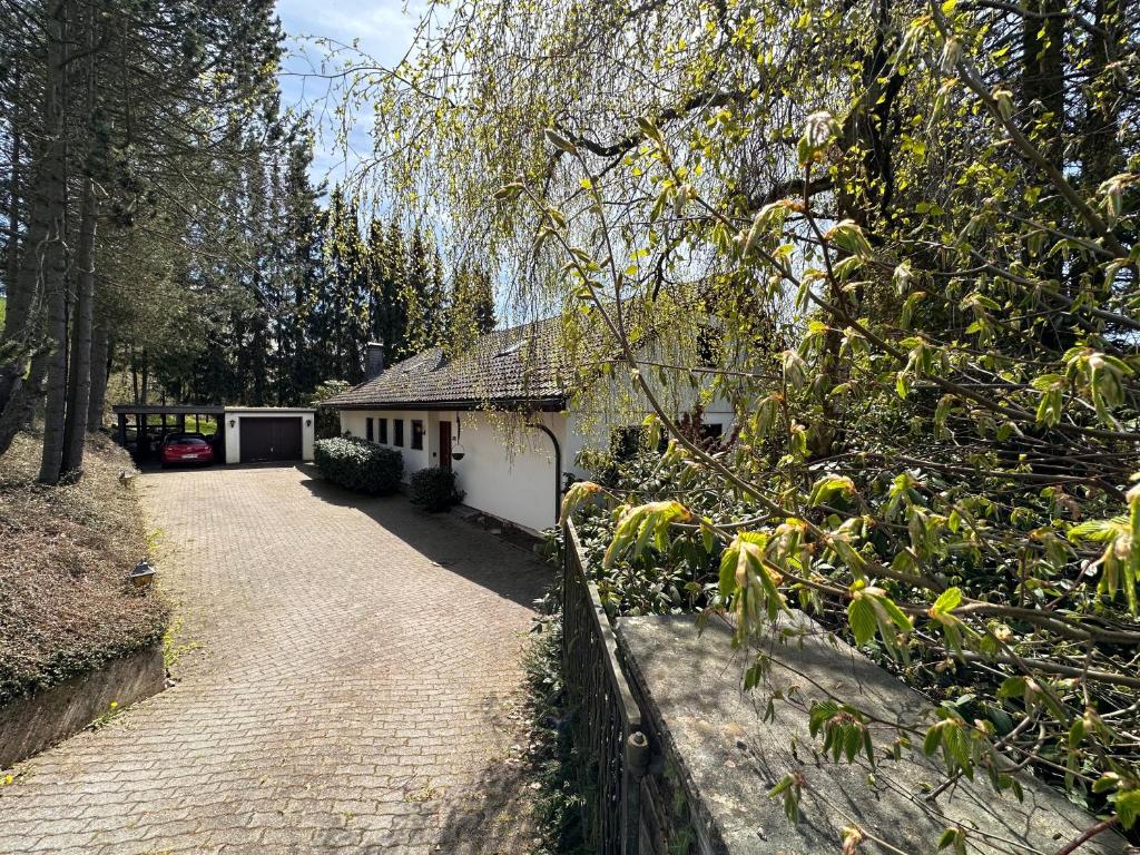 a white house with a fence next to a driveway at Private Spacious Villa near Winterberg and Willingen 14 Guests HUGE GARDEN Free Parking for Multiple Cars in Olsberg