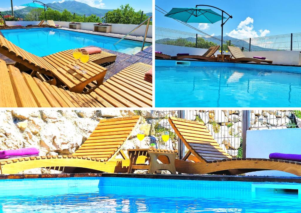 un collage de cuatro fotos de una piscina en Throne Villa Kambia with heated pool, en Klis