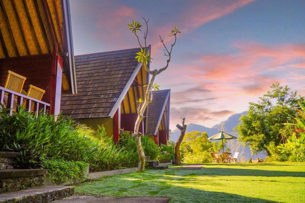 a house with a grass yard next to a building at Bintang House in Kintamani