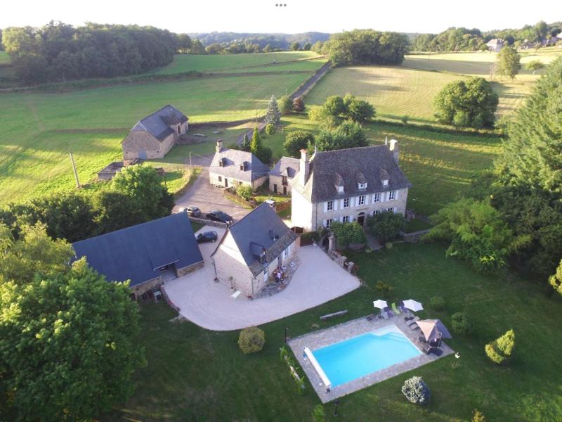einen Luftblick auf ein großes Haus mit einem Pool in der Unterkunft Domaine de Nalou 