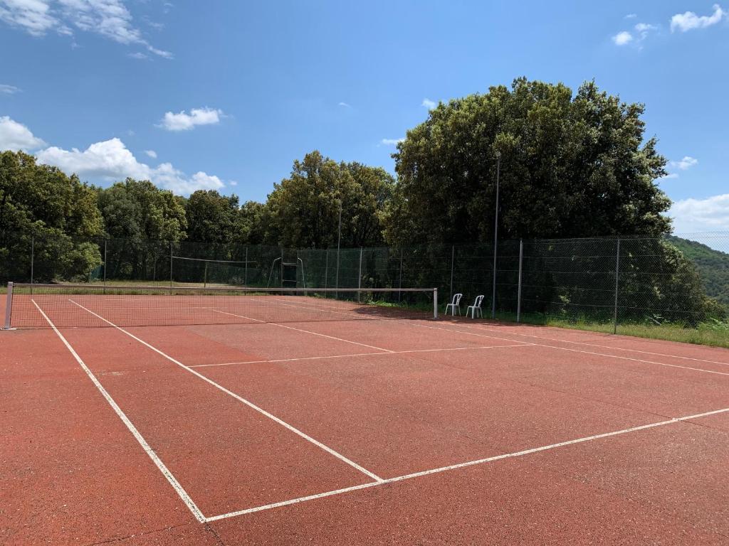 a tennis court with a net on top of it at Gîte Framboisier au Château des Pauses in Saint-André-de-Majencoules
