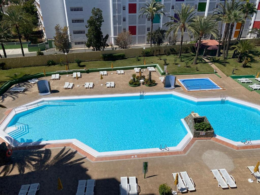 einen Blick über einen großen Pool mit Chaiselongues in der Unterkunft Ancorà Angela - Playa del Inglès in Maspalomas