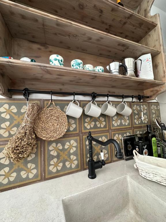 une cuisine avec un évier et une étagère avec des tasses dans l'établissement Trulli Conca d oro La lamia, à Martina Franca
