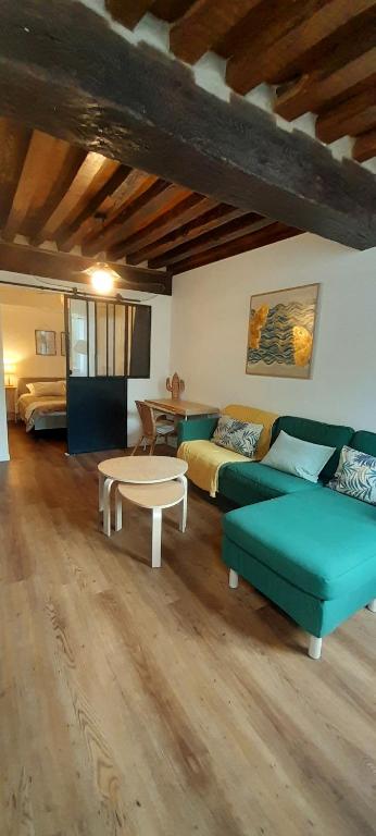 un salon avec un canapé vert et une table dans l'établissement Le cité d'or, à Dijon