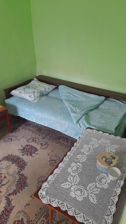 a bed in a room with a table and a rug at Kućerak in Irig