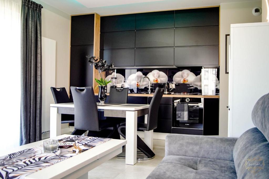 kuchnia z czarnymi szafkami oraz stołem i krzesłami w obiekcie Marina Apartament 13 Iława - z prywatnym miejscem parkingowym w Iławie