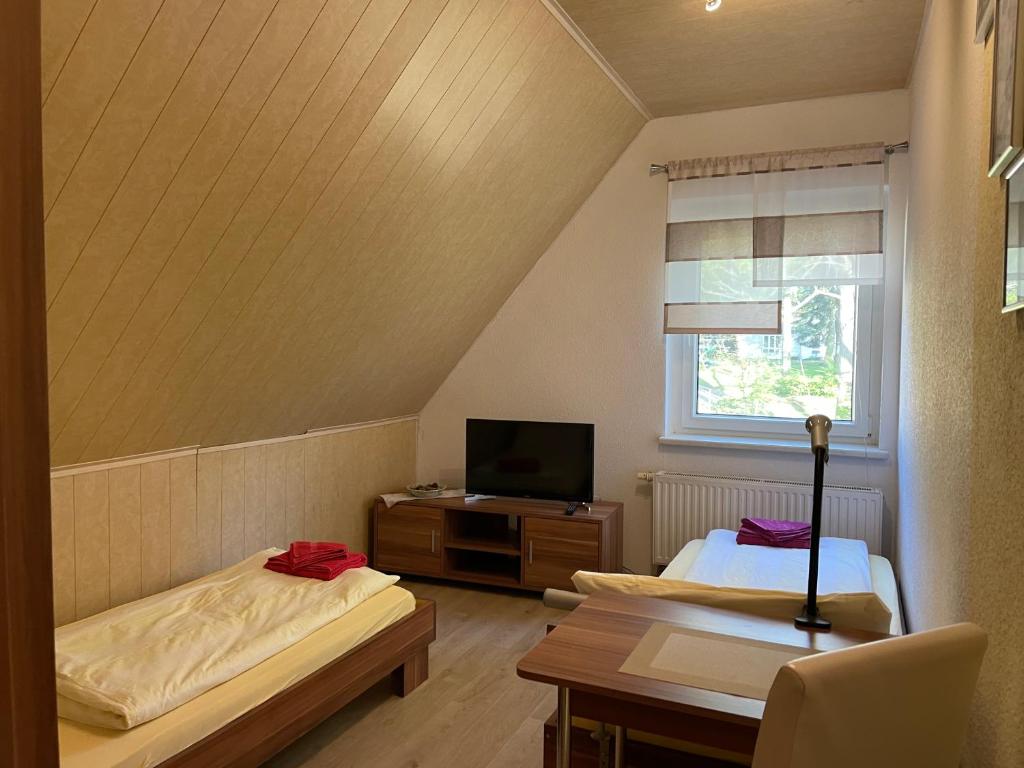 Cette chambre mansardée comprend deux lits et une télévision. dans l'établissement Pension Evi, à Chemnitz