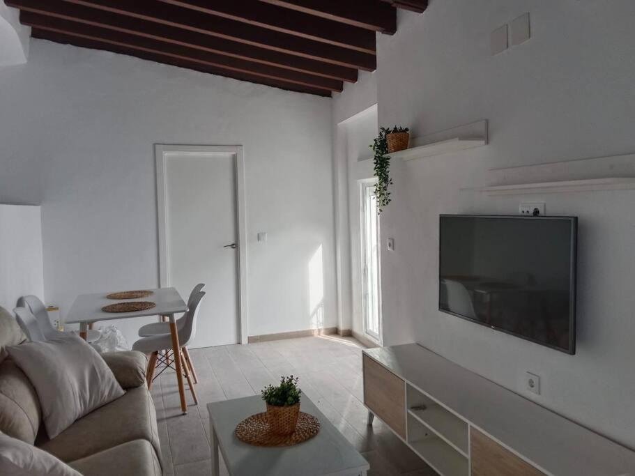 a living room with a couch and a tv on a wall at Apartamento Peonía in Jerez de la Frontera