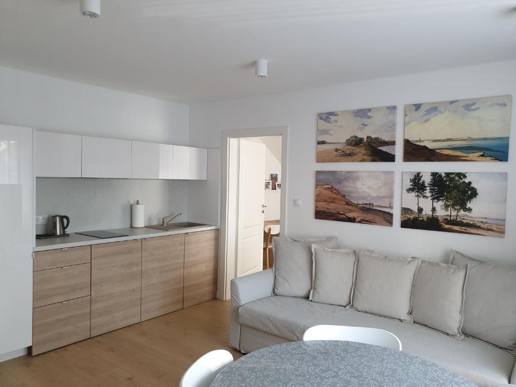 een woonkamer met een bank en een keuken bij Messina Apartamenty Wyspa Sobieszewska in Gdańsk