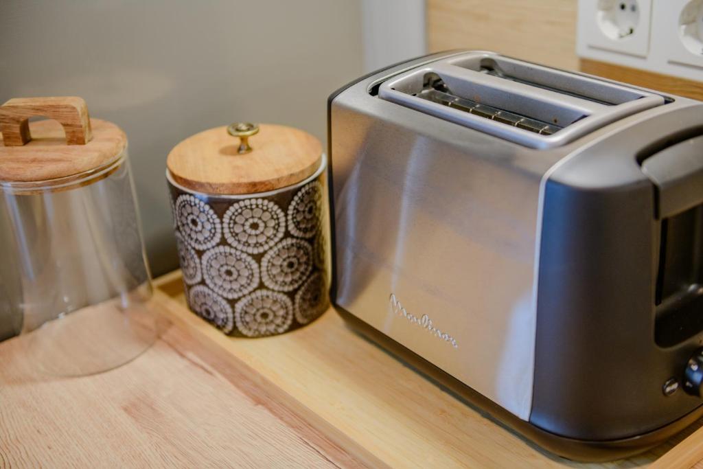 a toaster sitting on a counter next to a trash can at Appart-Hotel Ernz Noire in Grundhof
