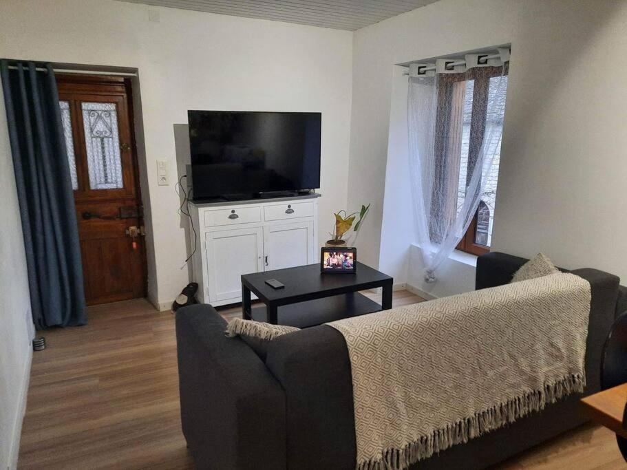 a living room with a couch and a tv at Logement Sainte-Énimie in Sainte-Énimie