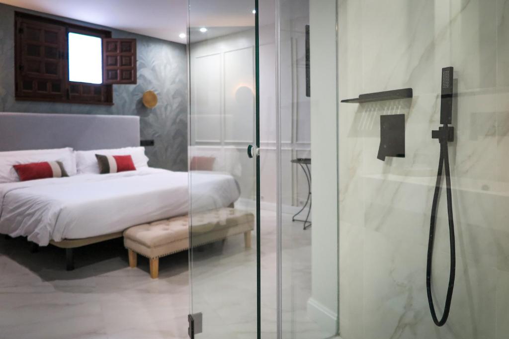 a bedroom with a bed and a glass shower at Tomé, casa de huéspedes in Orgaz