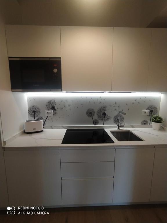 een witte keuken met 2 wastafels en een magnetron bij Pergolato junior in Sanremo