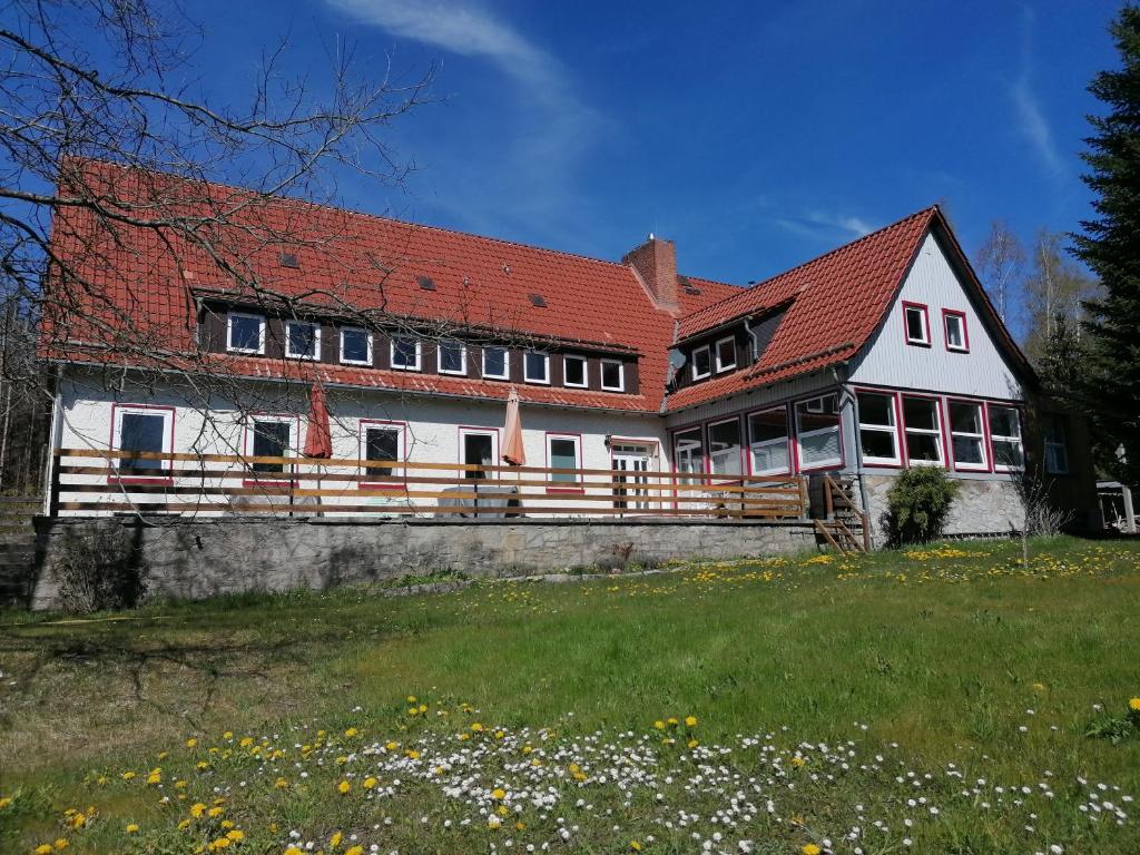 ein großes weißes Haus mit rotem Dach in der Unterkunft Villa Viriditas in Elbingerode