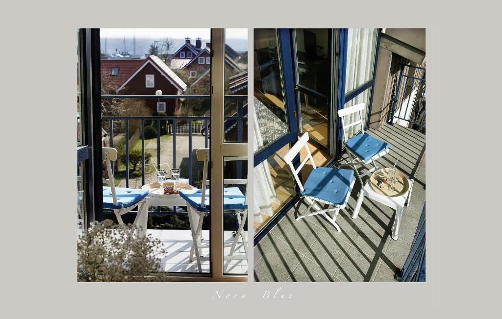 two pictures of a balcony with a table and chairs at Nora Blue in Nida