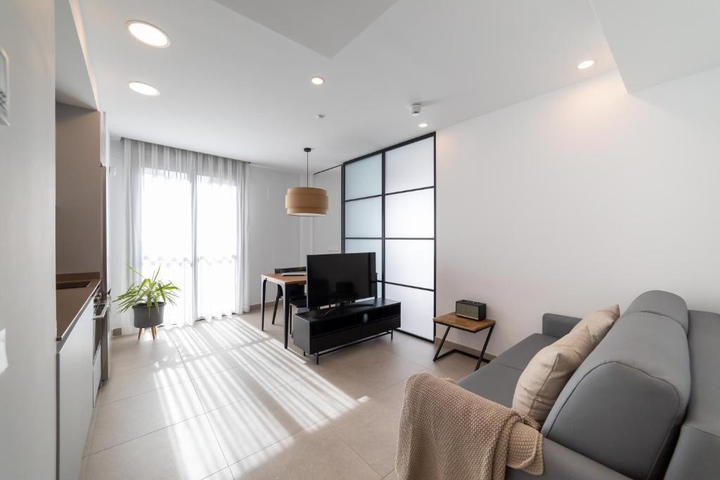 sala de estar con sofá y TV en Alidreams Lola Center Apartamentos en Alicante