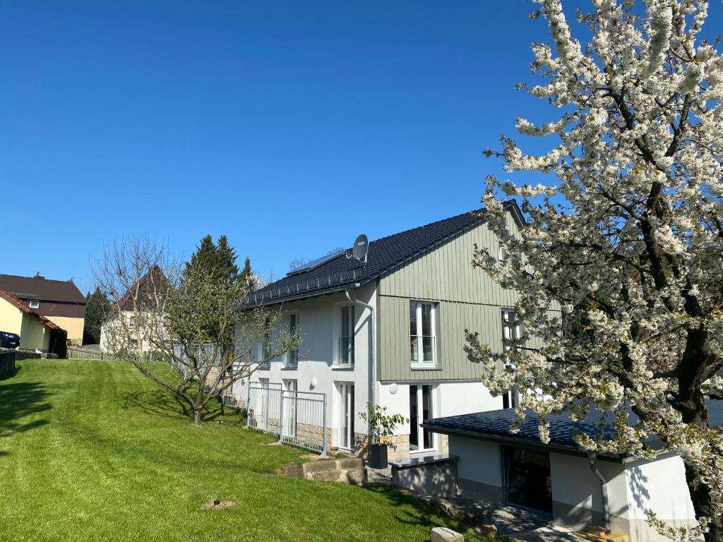 uma casa branca com uma árvore no quintal em Ferienhaus „Am Sandstein“ em Papstdorf