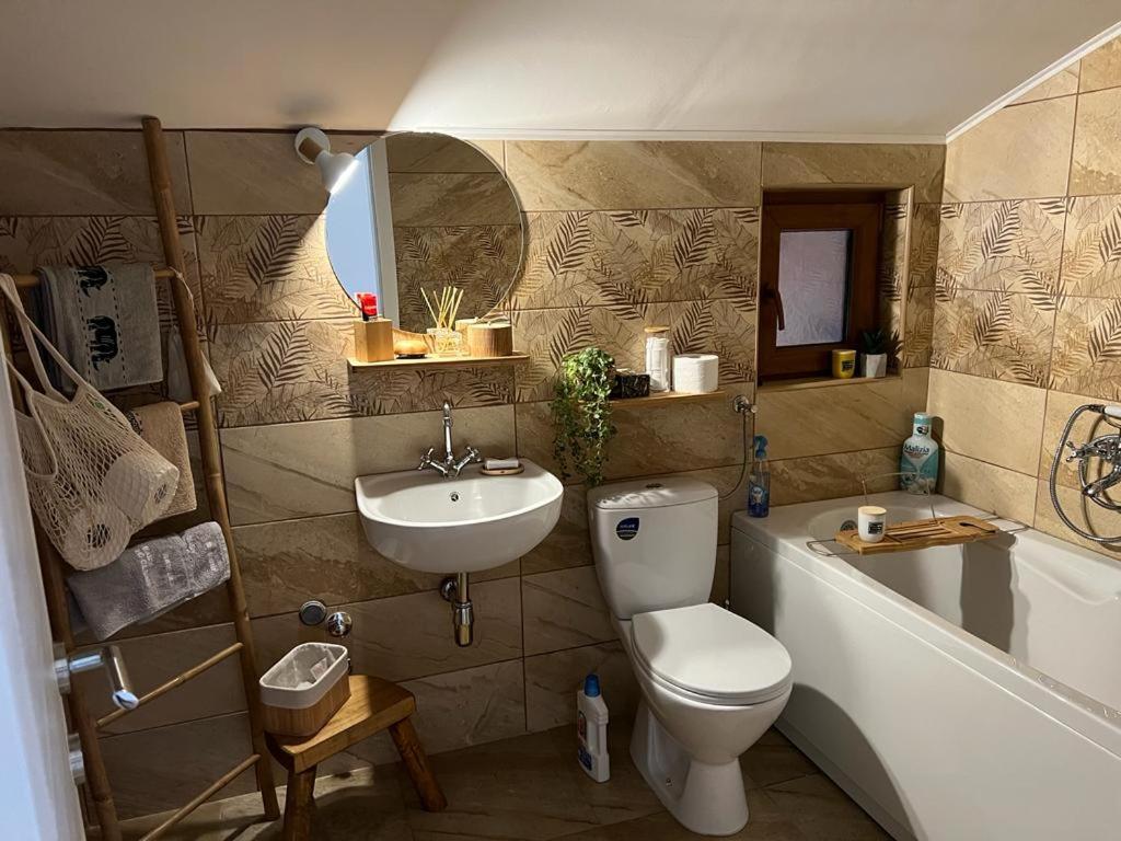 a bathroom with a toilet and a sink and a bath tub at Stan na dan Jungle in Bajina Bašta