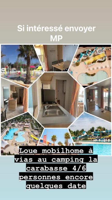 a collage of pictures of a house with a pool at Camping la carabasse mobilhome 4/6 personnes in Vias