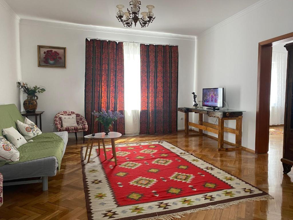 uma sala de estar com um sofá verde e um tapete vermelho em Casa Toma M em Baia Mare