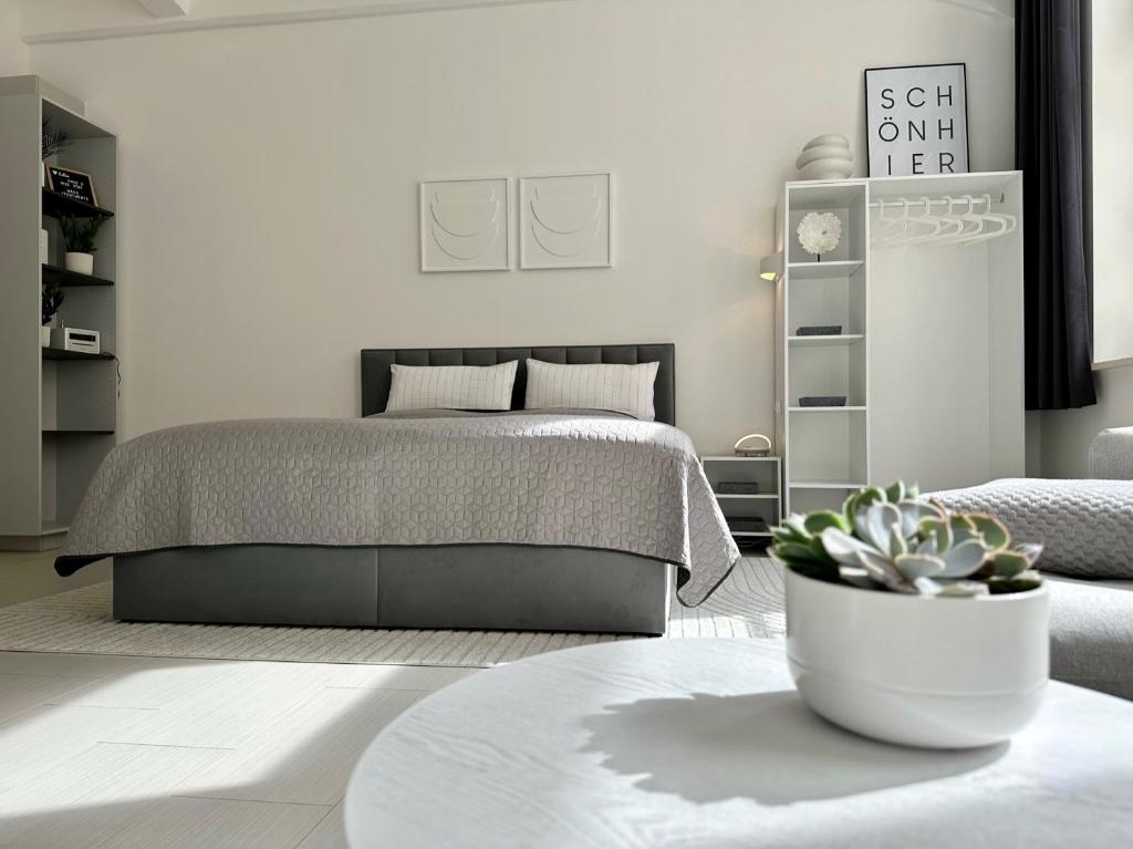 - une chambre avec un lit et une table avec une plante en pot dans l'établissement MEOS 2 -Zentrum-Hofblick-Gym-Netflix, à Leipzig
