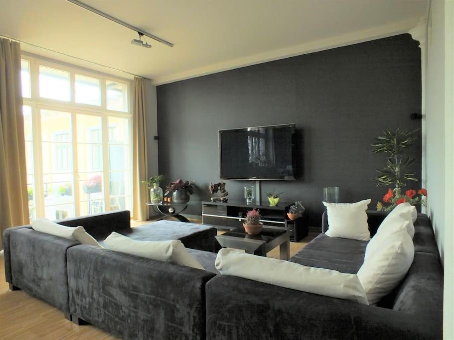 uma sala de estar com um sofá e uma televisão de ecrã plano em +++ Luxus Desingnerloft im Zentrum von Leipzig +++ em Leipzig
