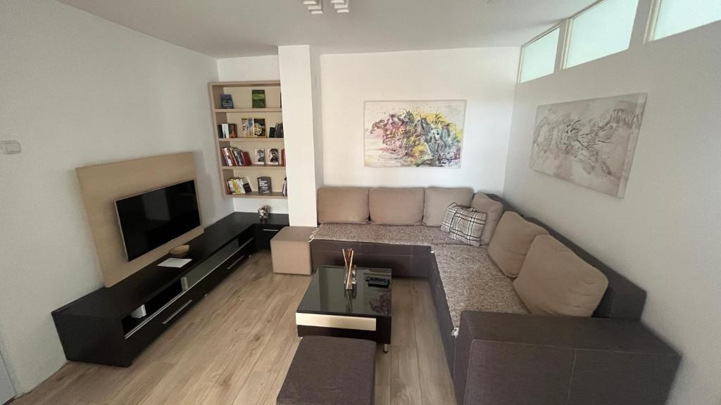 sala de estar con sofá y TV en Eni en Pirot