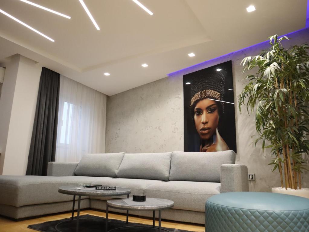 een woonkamer met een bank en een portret van een vrouw bij House of Mac Apartments in Niš