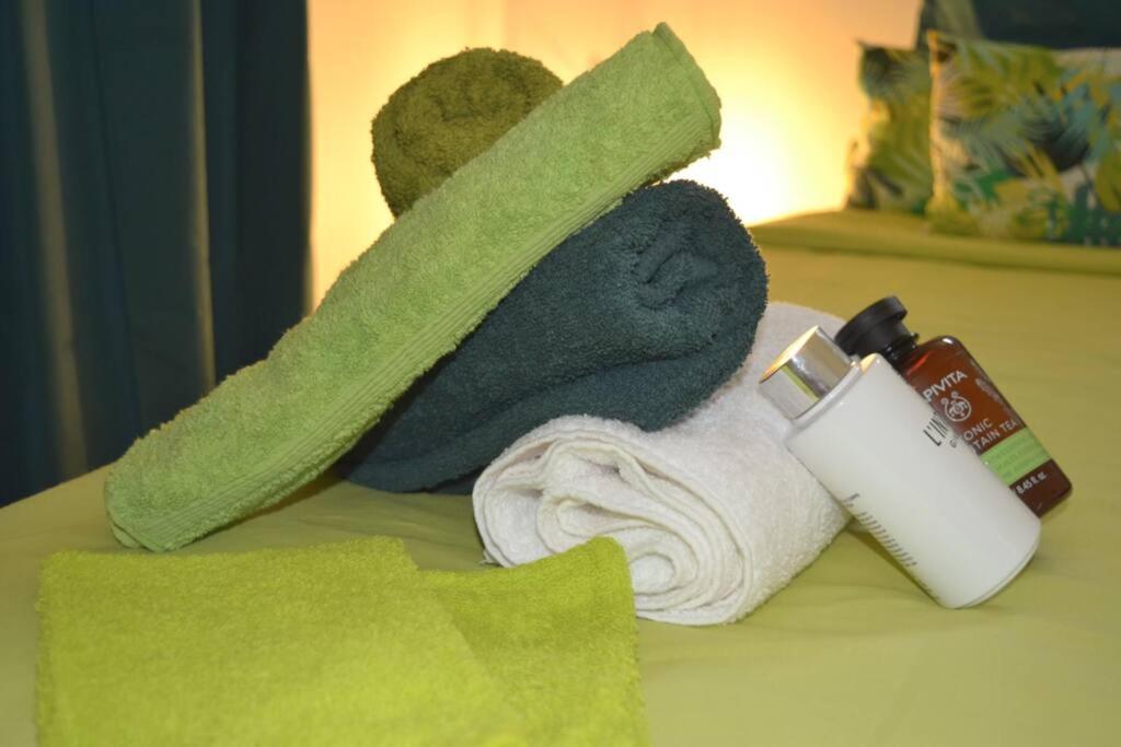 una pila de toallas, un cepillo de dientes y una toalla en VILLA BAMBOU Domaine à l'ombre du Bambou jusqu'à 6 pers, Parc national de la Guadeloupe, en Le Gosier