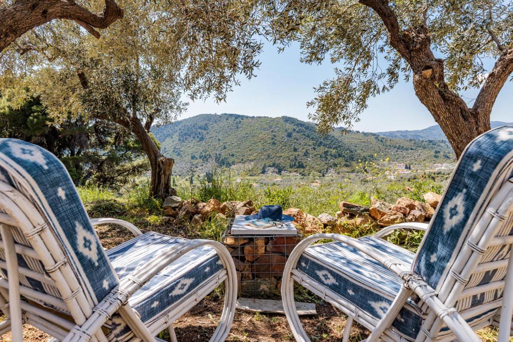 two chairs and a table in a field with a tree at Villa Maja in Skopelos Town